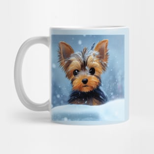 Adorable Yorkshire Terrier Puppy Dog in the Snow Mug